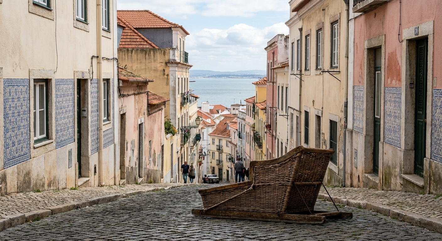 A wicker toboggan on a steep cobbled street in Monte, Madeira