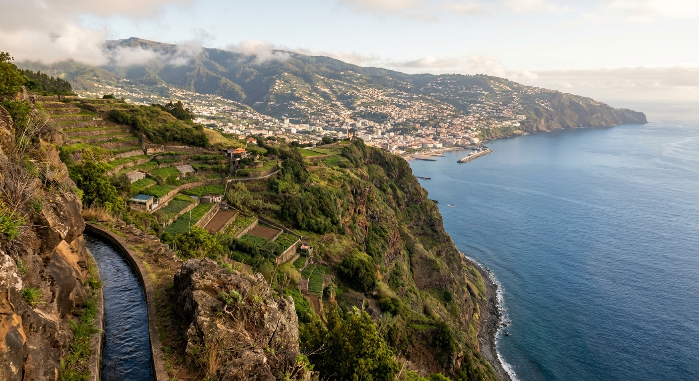 Funchal seen from the Monte hillside, with the bay below and terraced slopes in summer light