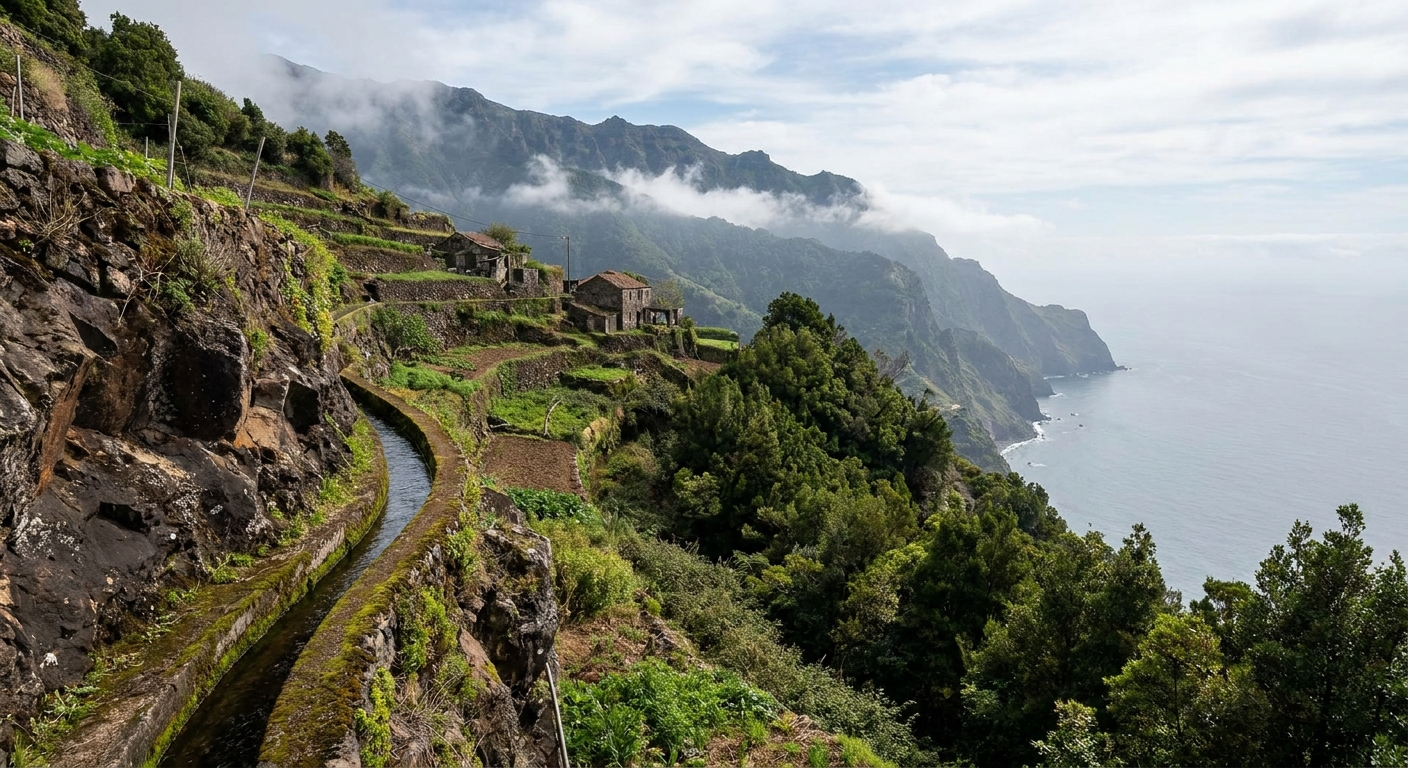Terraced hillside above Funchal with the ocean below and low cloud on the ridge