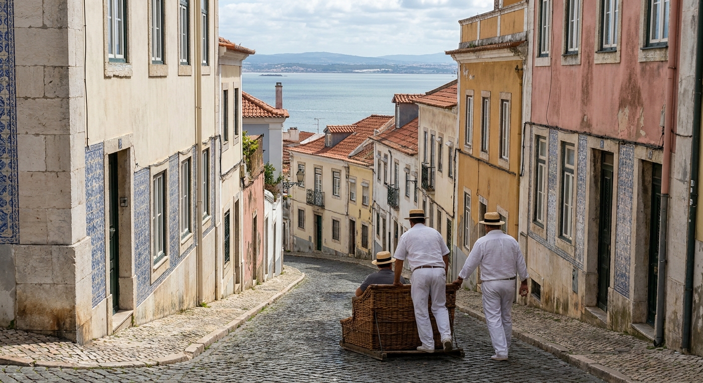 A wicker toboggan with two drivers in white uniforms on a narrow steep street