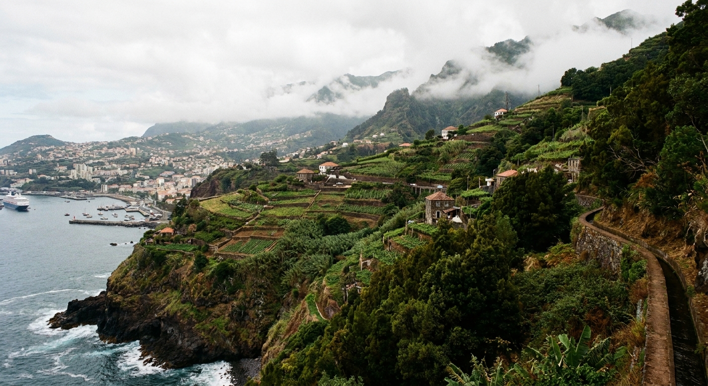 Terraced hillsides above Funchal harbor with low cloud sitting on the ridge behind