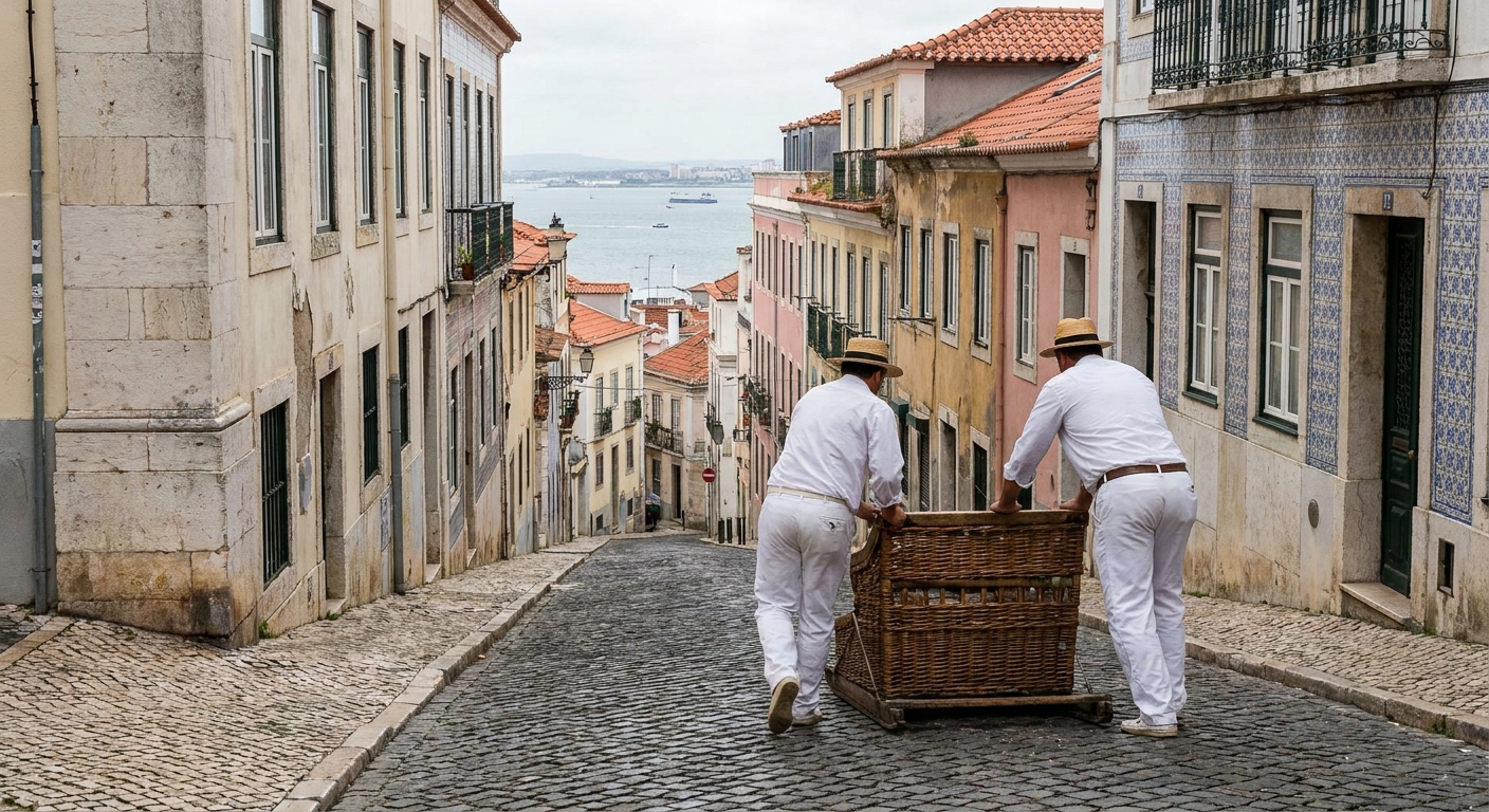 A wicker sledge on a narrow cobbled street at Monte with two drivers dressed in white