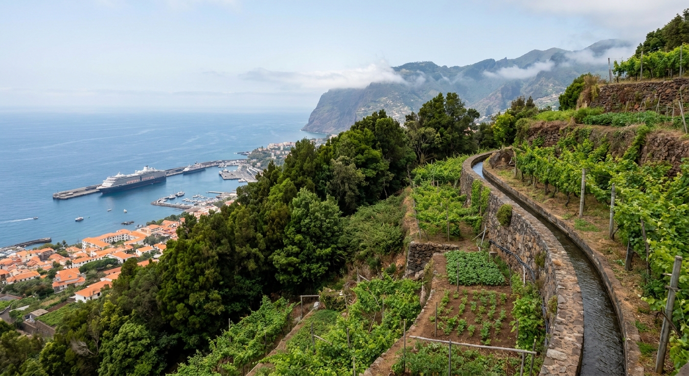 Terraced hillside above Funchal harbor with the bay and dock below on a clear summer morning