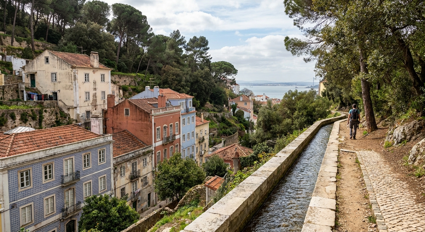 A stone-lined levada channel running along a wooded slope with a narrow footpath beside it