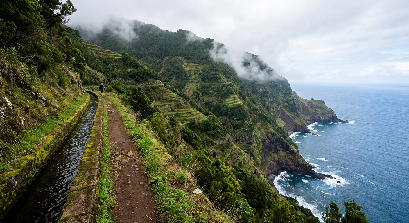 A narrow levada path cut into a green mountainside high above the Atlantic in Madeira