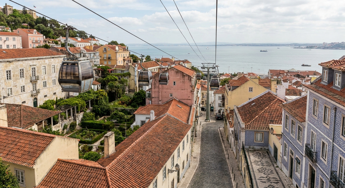 Cable car cabins crossing above red-tiled roofs and gardens between Funchal and Monte