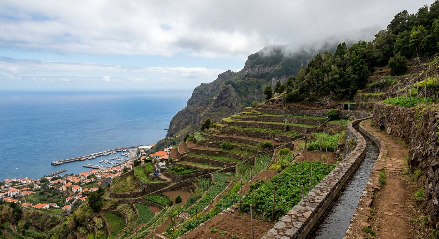Terraced hillside above Funchal harbor under broken cloud with the Atlantic behind