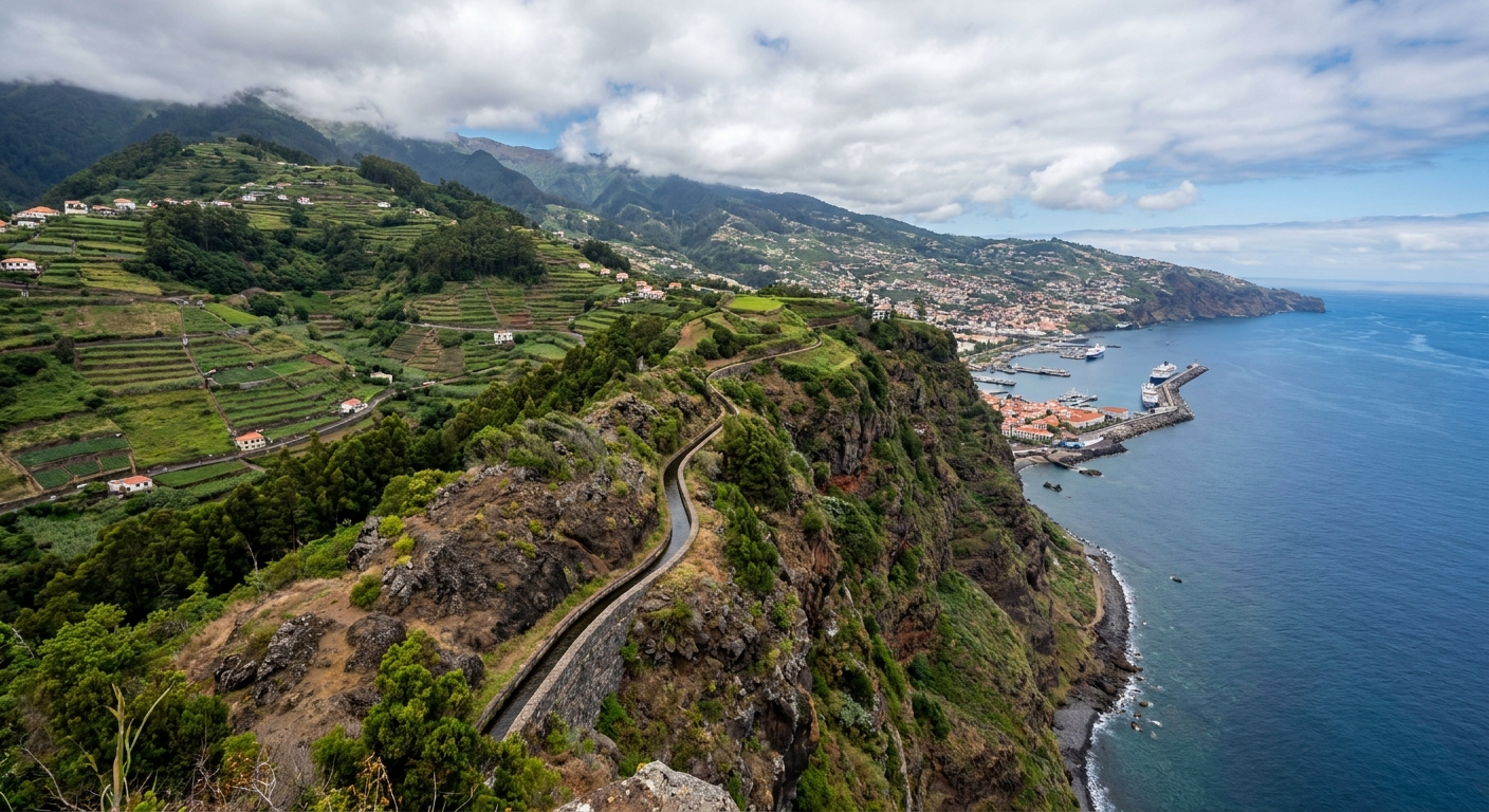 Terraced green hillside dropping toward the harbor at Funchal, with open Atlantic beyond