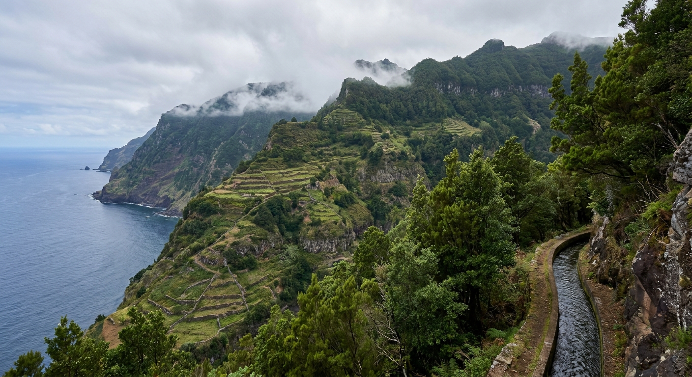 Terraced hillside above the south coast of Madeira with cloud resting on the ridge above the sea