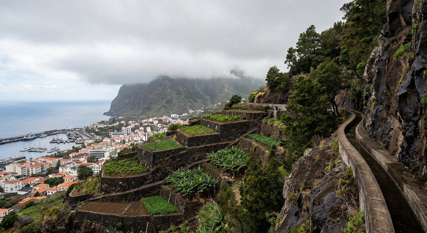 Terraced hillside above Funchal harbor with low cloud on the ridge behind