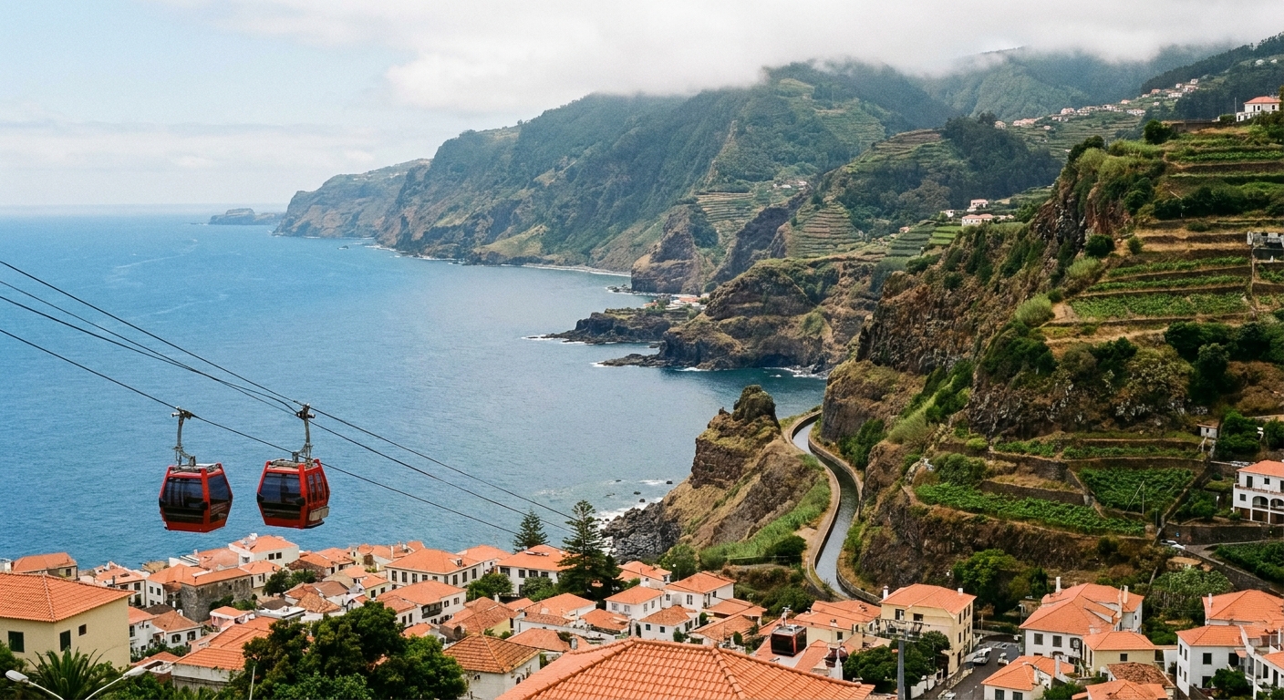 Cable car cabins rising over the terracotta rooftops of Funchal with the Atlantic behind
