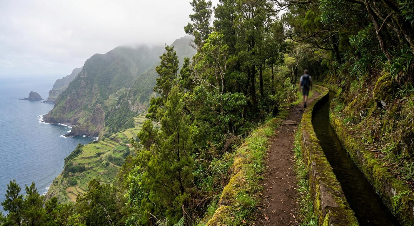 A narrow footpath beside a stone irrigation channel running through dense green forest on a steep slope