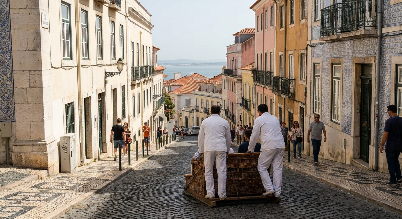 A wicker sledge on wooden runners being steered downhill by two men in white uniforms on a narrow paved street