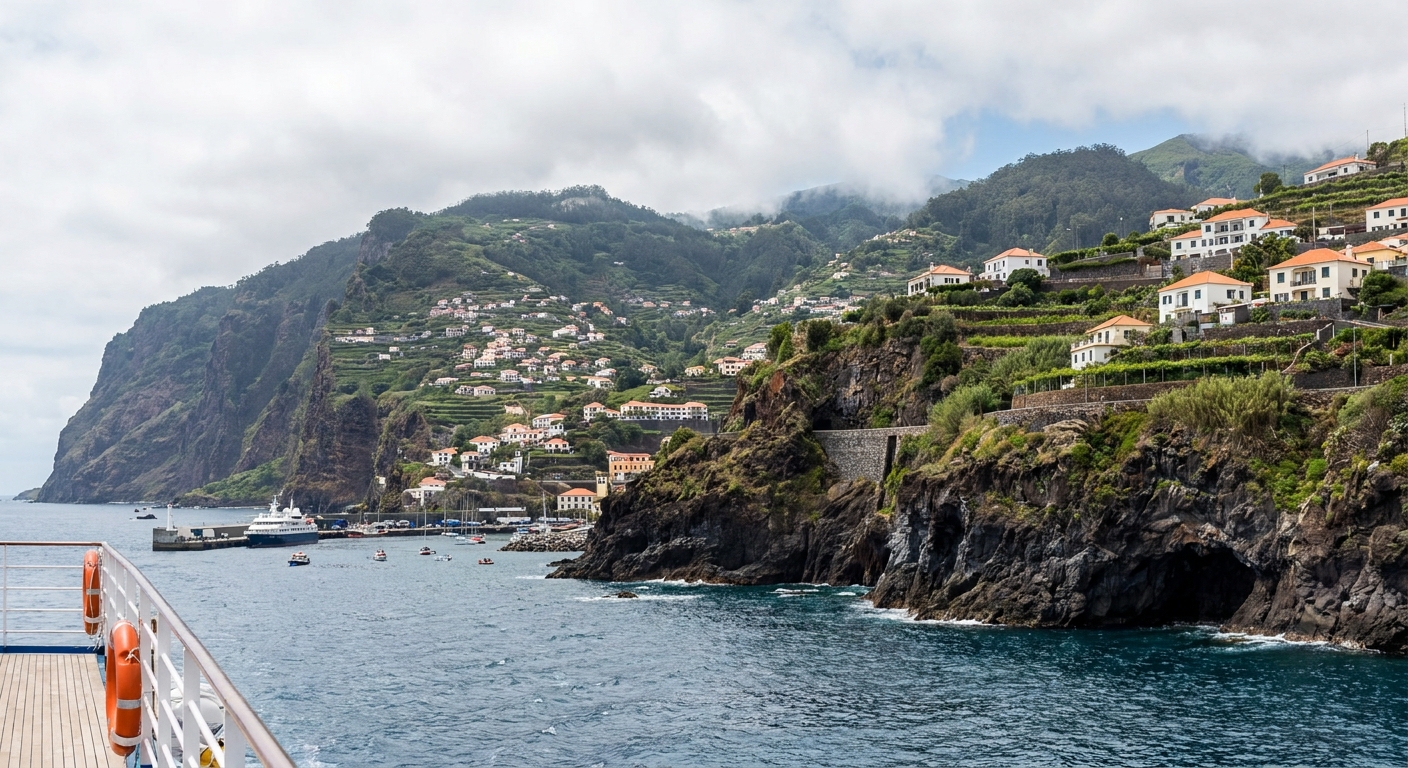 Funchal's harbor and the terraced slope of houses rising behind it, seen from the water