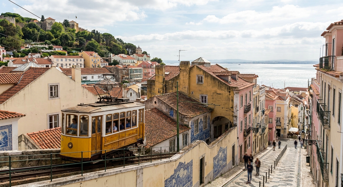 A cable car cabin climbing above red-tiled rooftops toward the hillside of Monte in Madeira