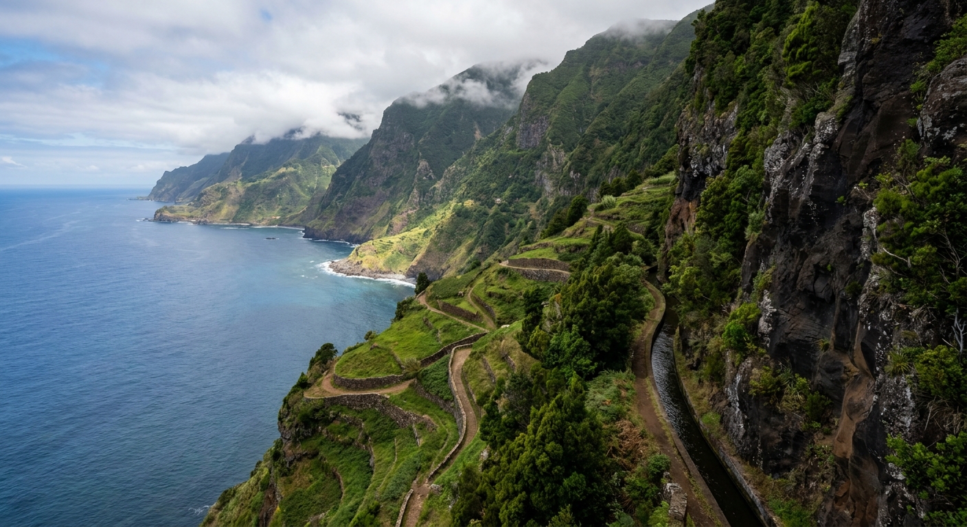 Terraced green slopes dropping toward the ocean on Madeira's south coast under scattered cloud