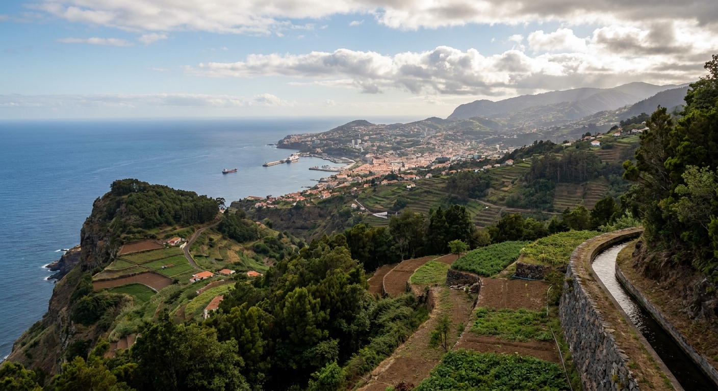 Terraced hillside above Funchal harbor under scattered cloud, with the sea beyond