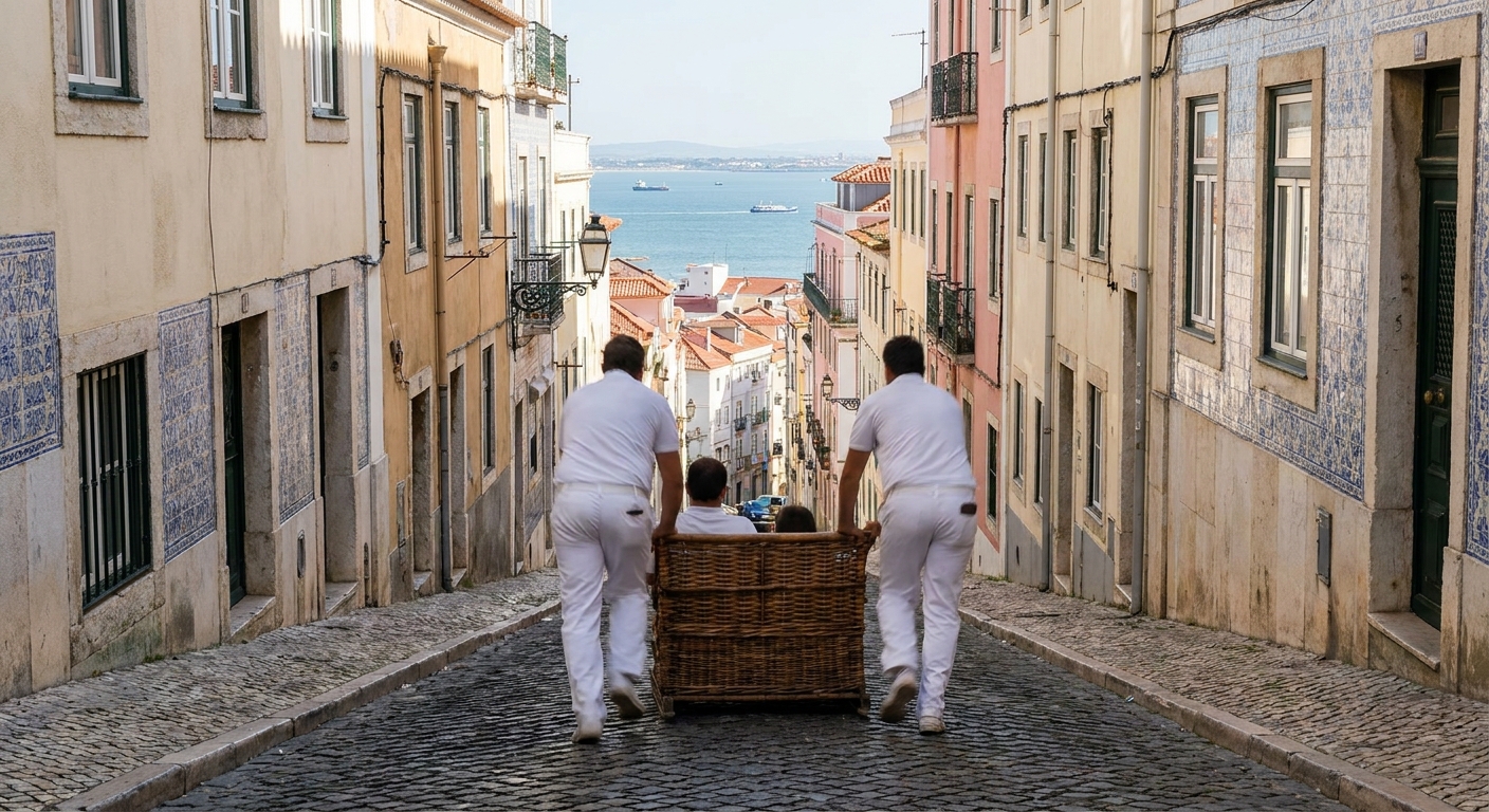 Two runners in white steering a wicker toboggan down a narrow street at Monte