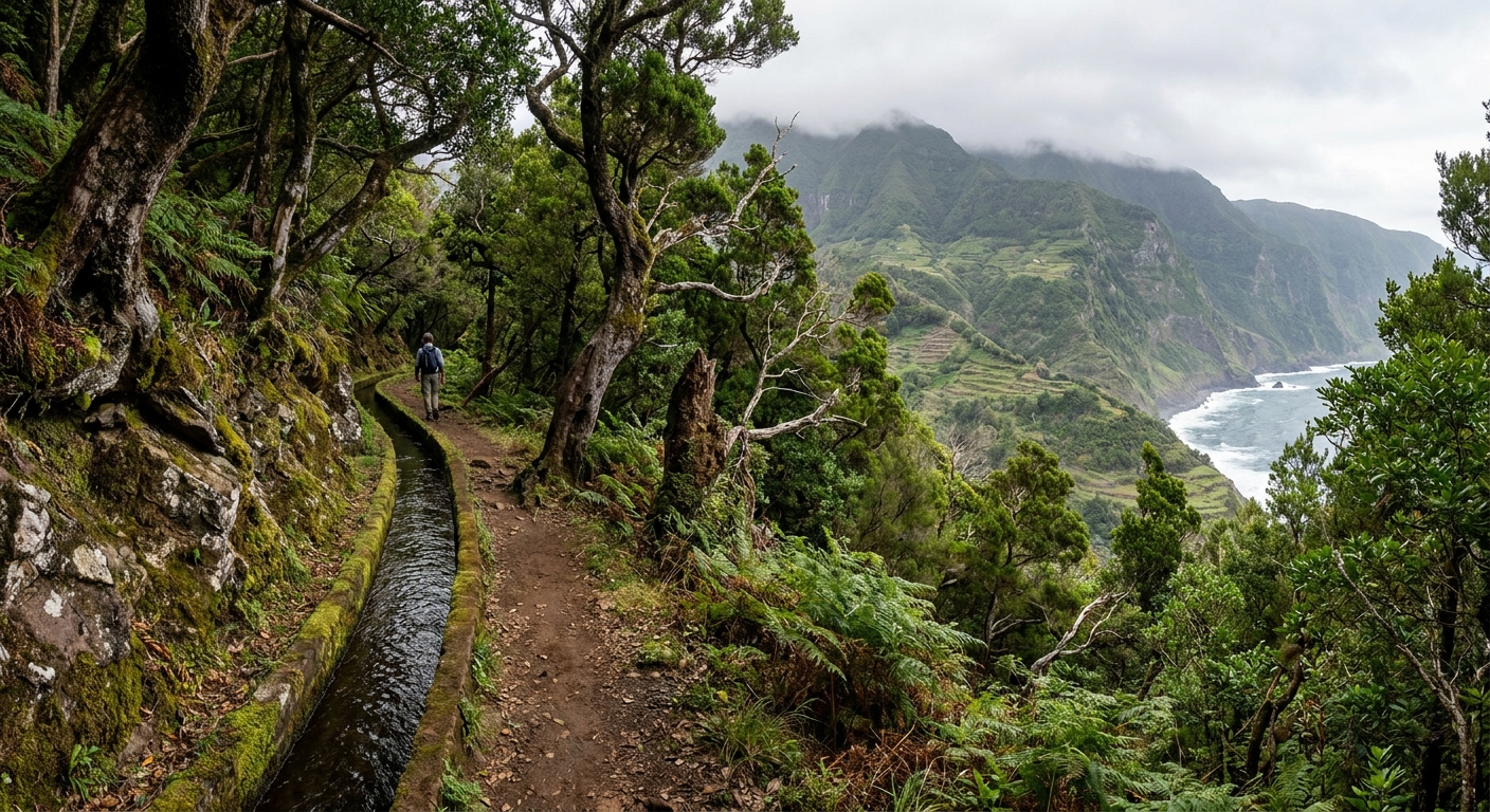 A narrow irrigation channel running beside a footpath through laurel forest on a steep Madeiran hillside