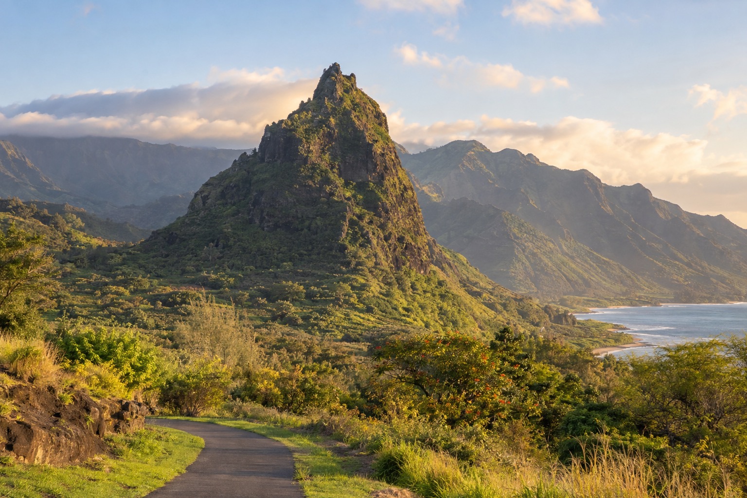 A green volcanic spire rising from a lush valley floor with a paved path below