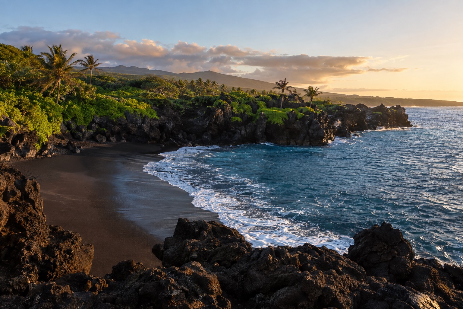 Black lava cliffs framing a black-sand cove at Waianapanapa State Park on Maui's Hana coast