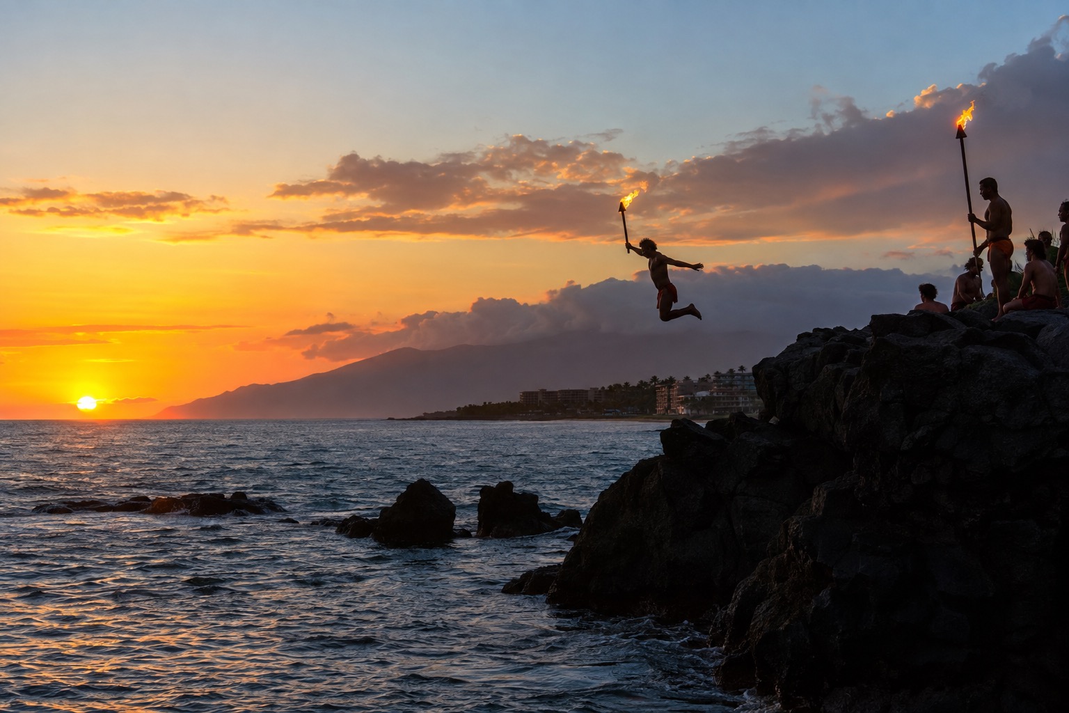 A torch-lit cliff diver at sunset on Black Rock, Kaanapali Beach, Maui