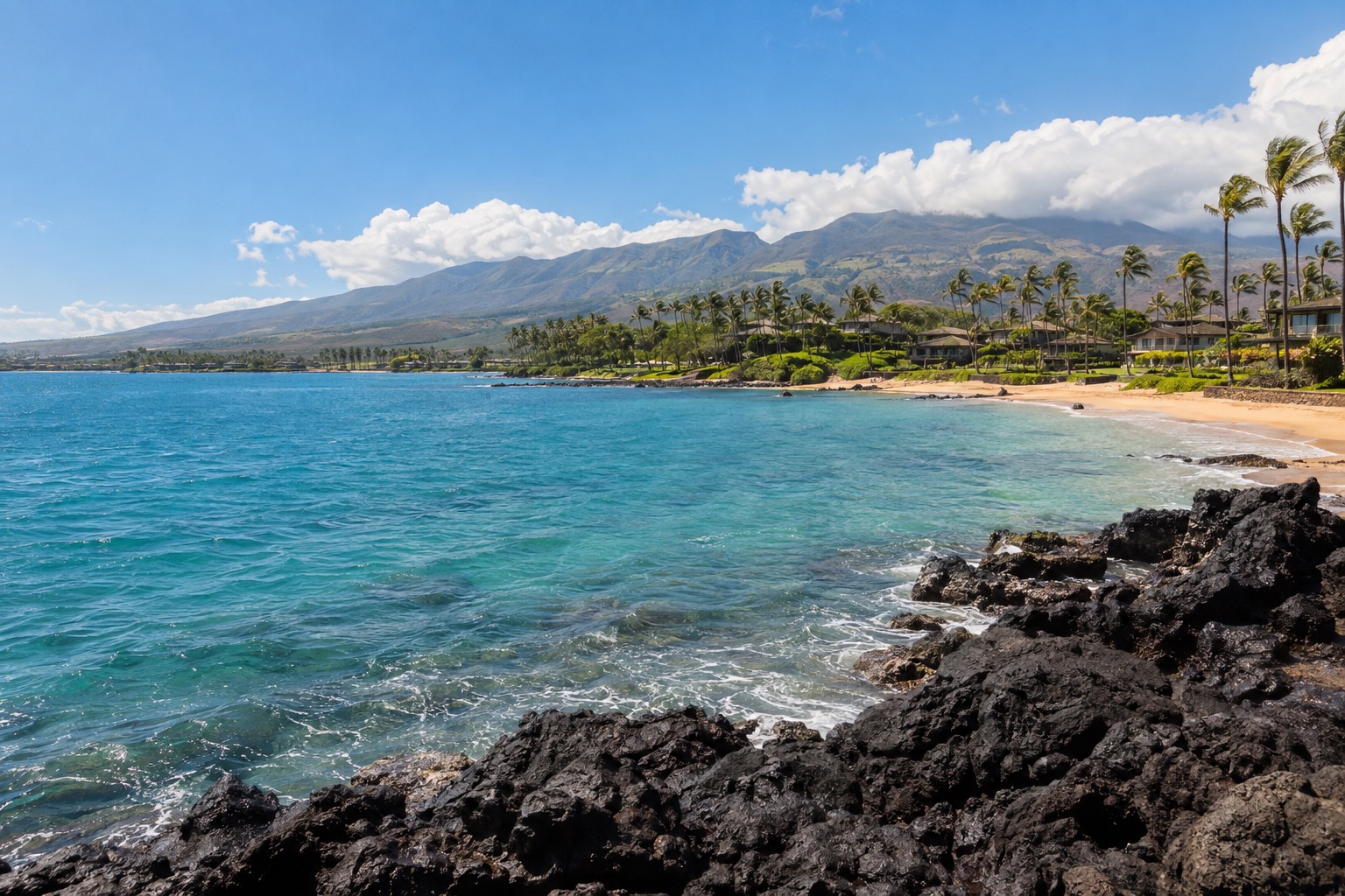 Turquoise water and a black lava point along Maui's south shore under midday sun