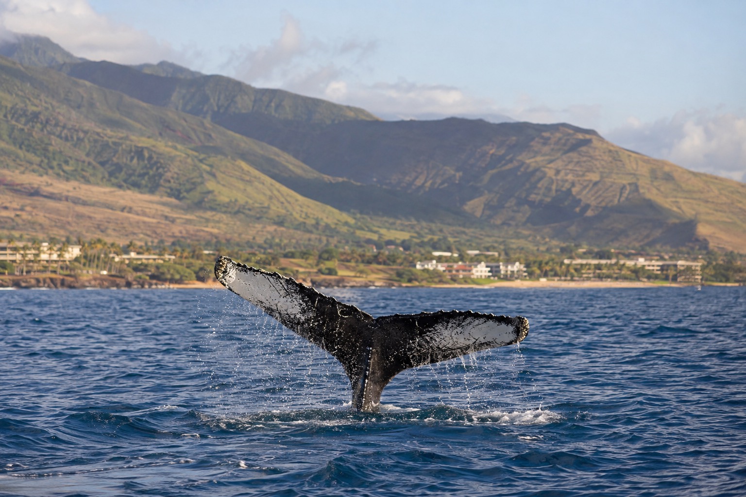 A humpback whale's tail breaking the surface off Maui's south coast