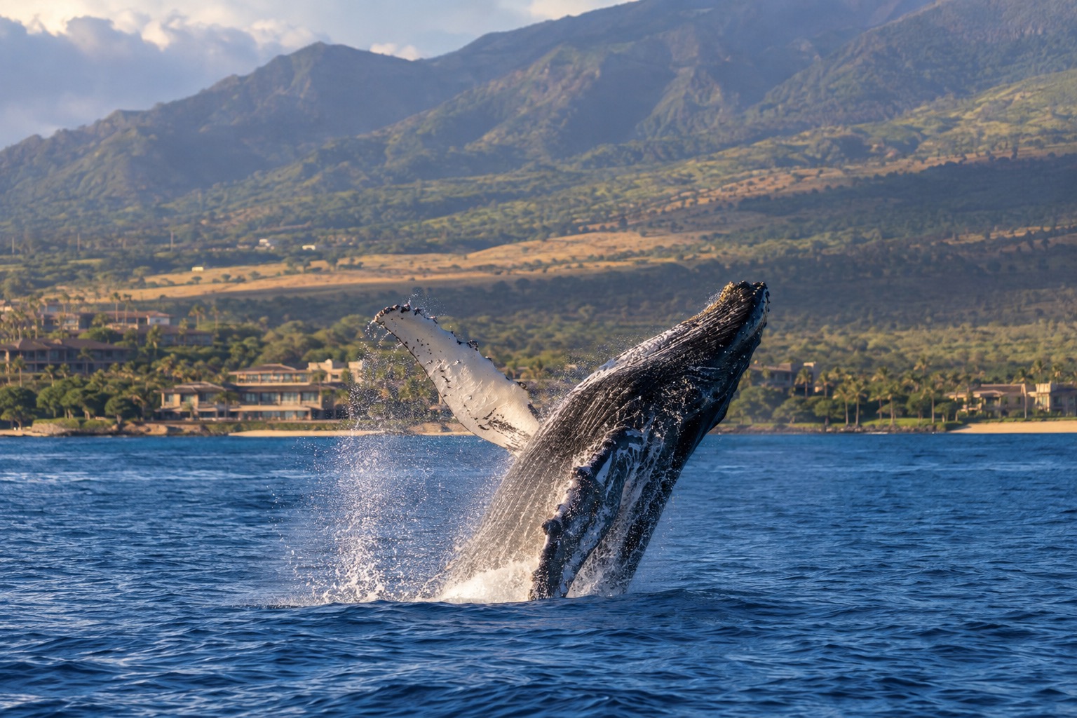 Humpback whale breaching in calm blue water off Maui's coastline