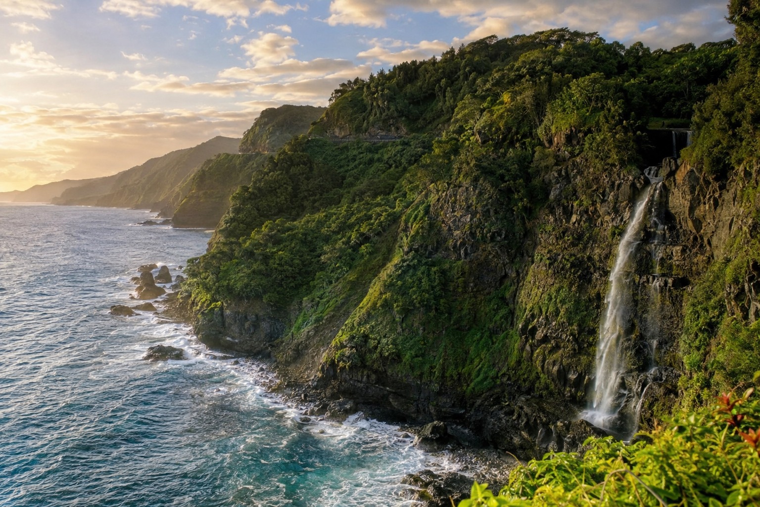 Steep green cliffs and a waterfall along Maui's Hana coastline