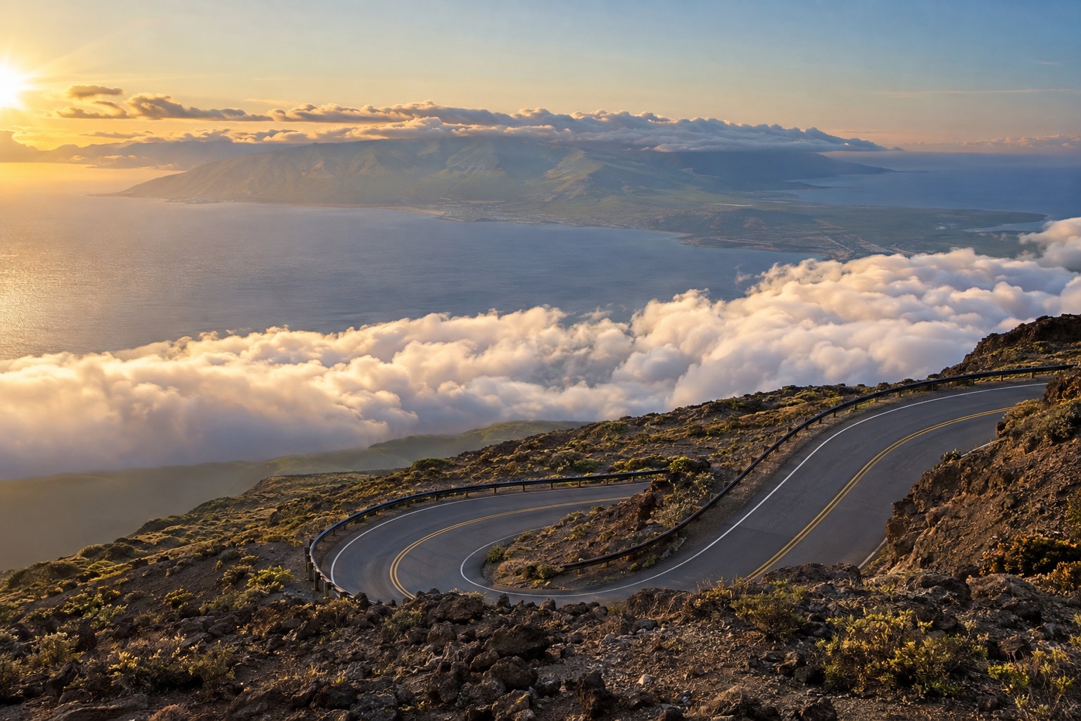 The switchback summit road climbing above the clouds toward Haleakala's crater rim