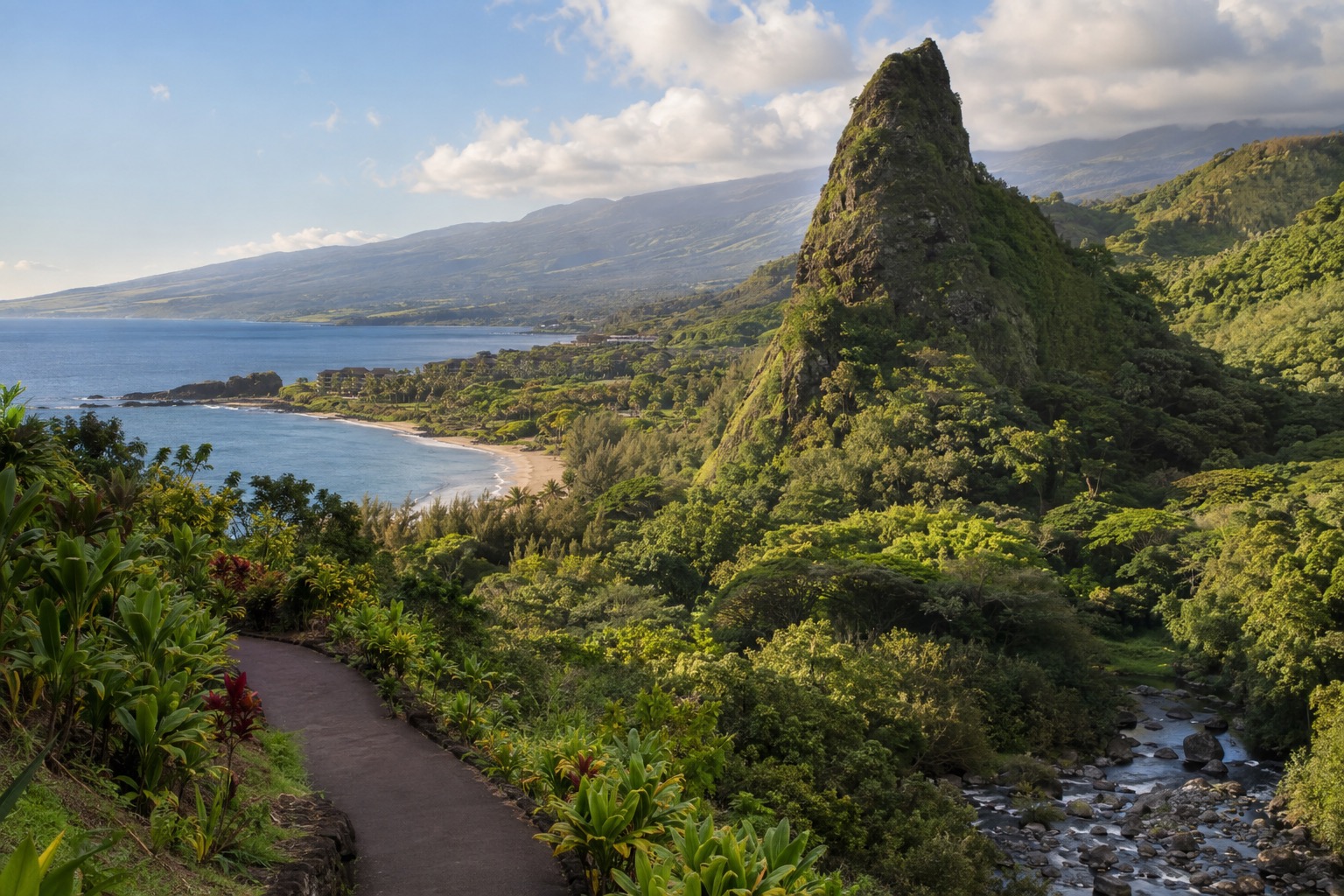 A green volcanic spire rising steeply above a rainforest valley floor, with a paved path and a stream visible below