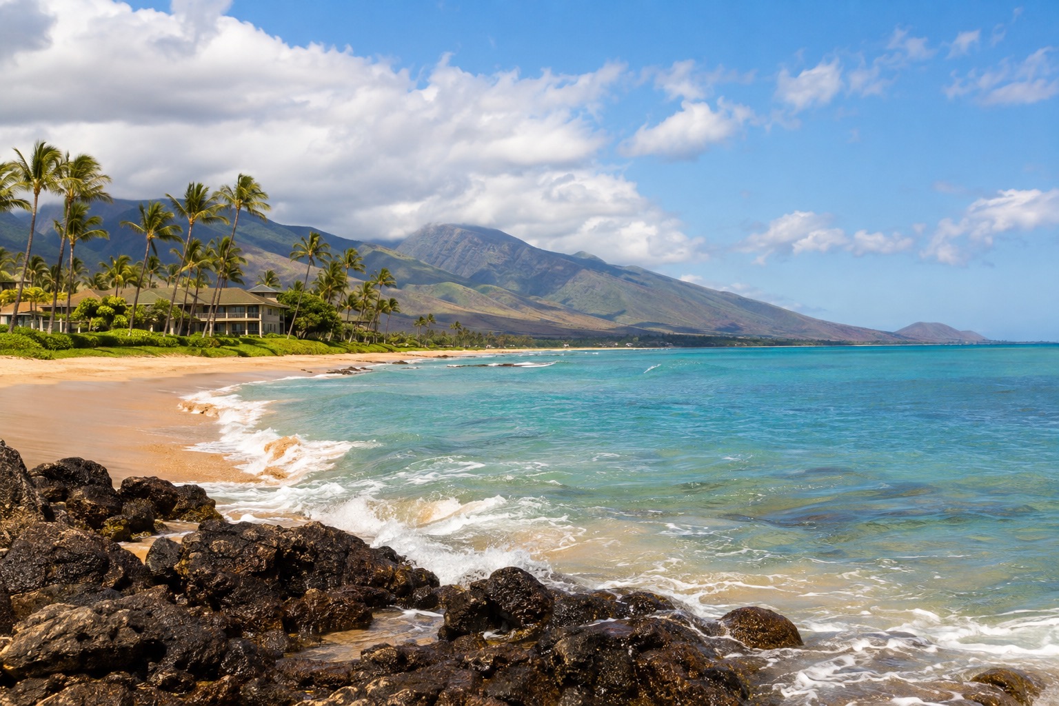 Turquoise water and palm-lined sand on Maui's leeward coast under a partly cloudy sky