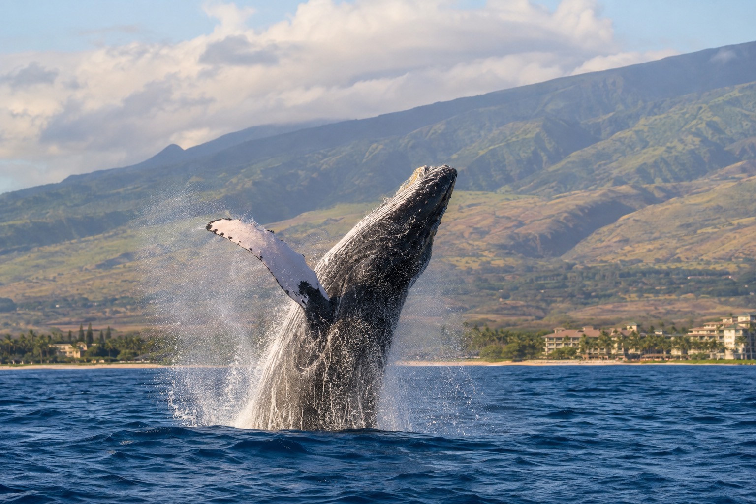 Humpback whale breaching off Maui's coast with West Maui mountains in the background