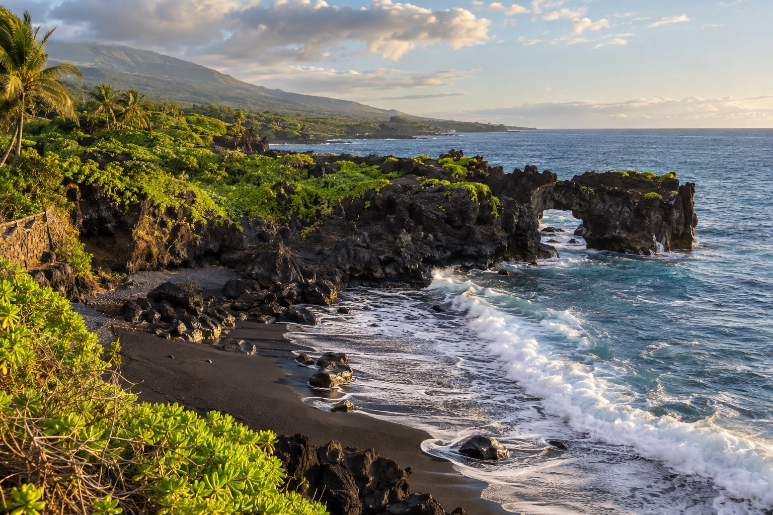 Black sand beach and lava sea arch at Waianapanapa State Park on Maui's Hana coast