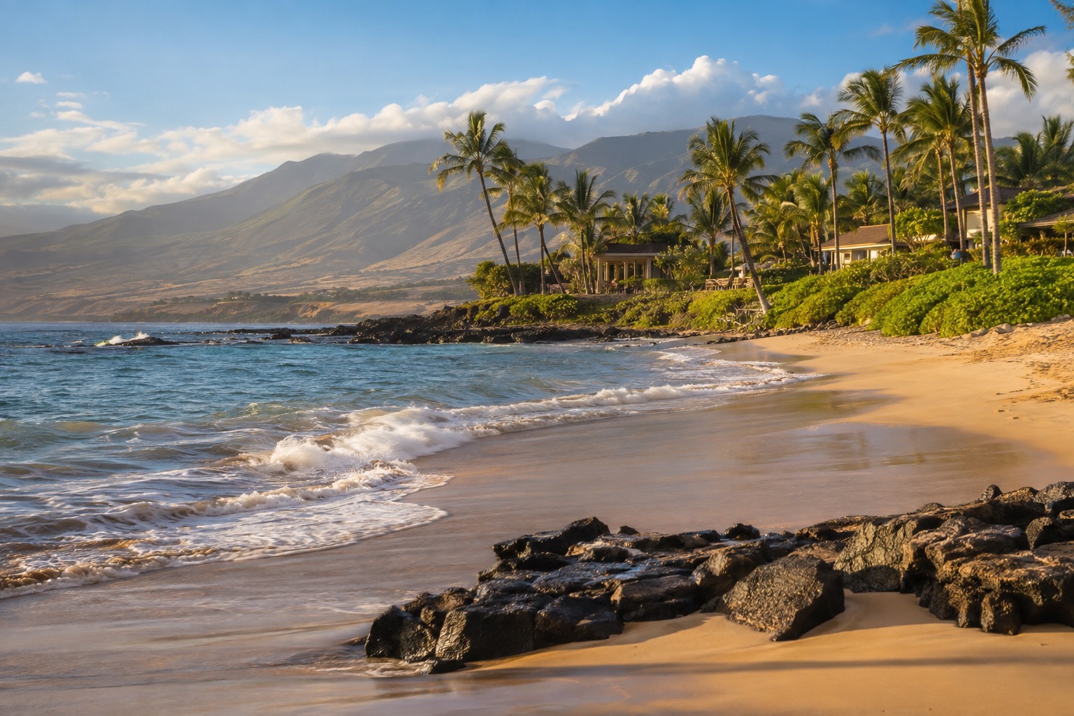 A sandy beach with palm trees along Maui's leeward coast in warm afternoon light