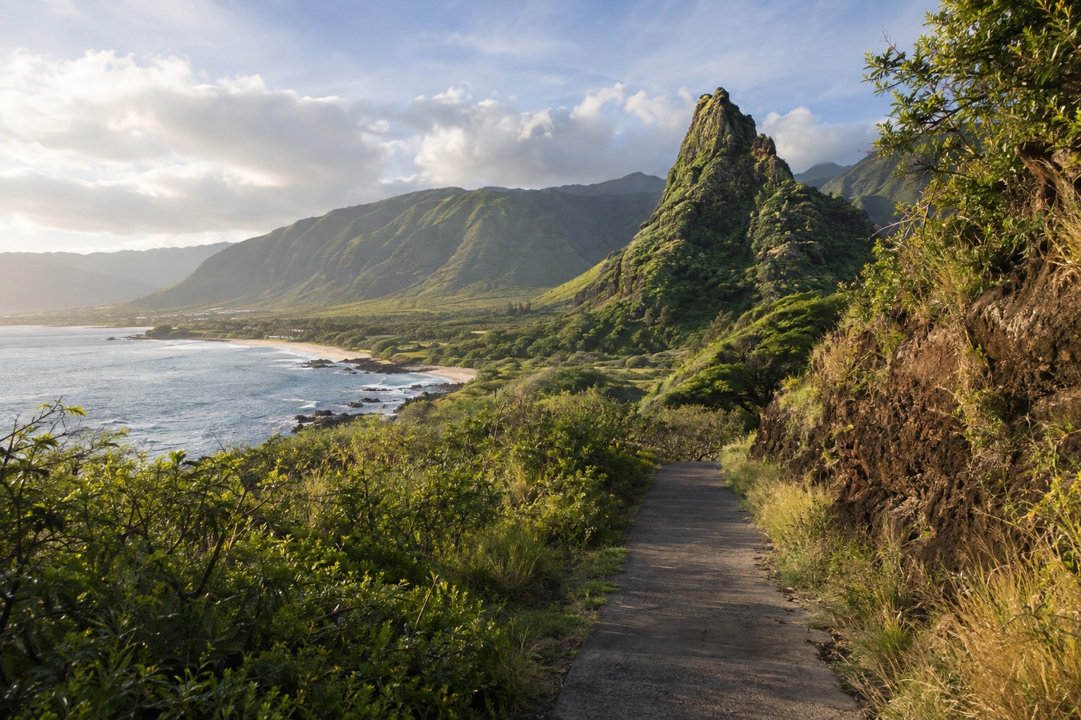 A narrow paved path leading toward a green, spire-like rock formation in a Maui valley