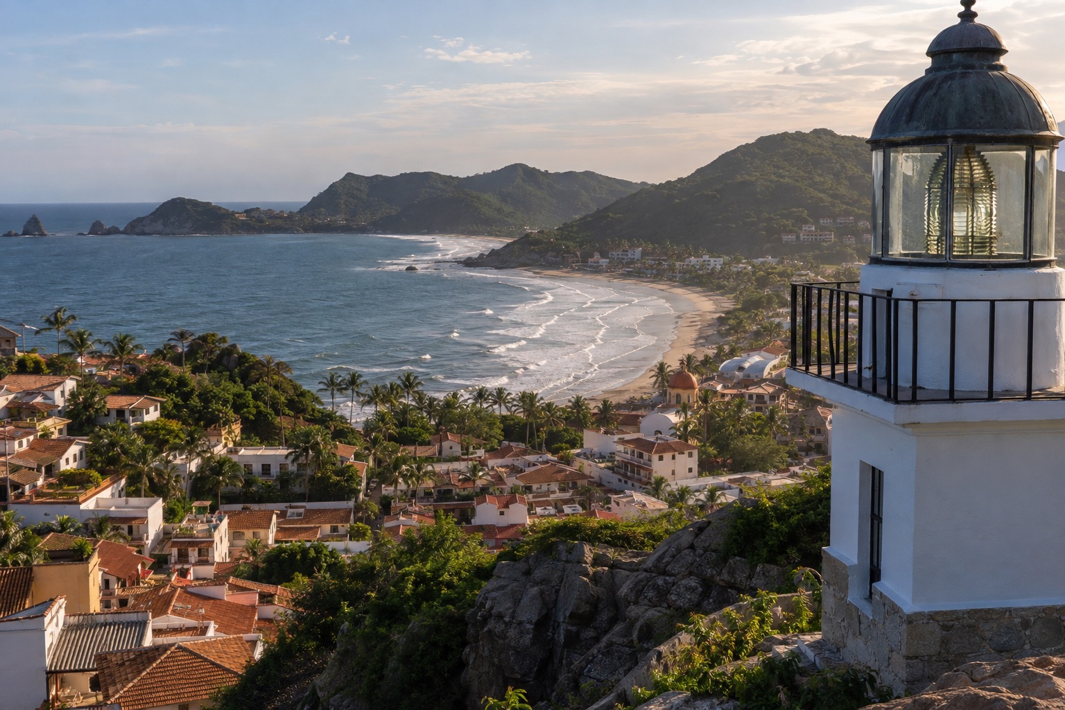 Pacific bay and old town rooftops seen from a hilltop lighthouse in Mazatlan