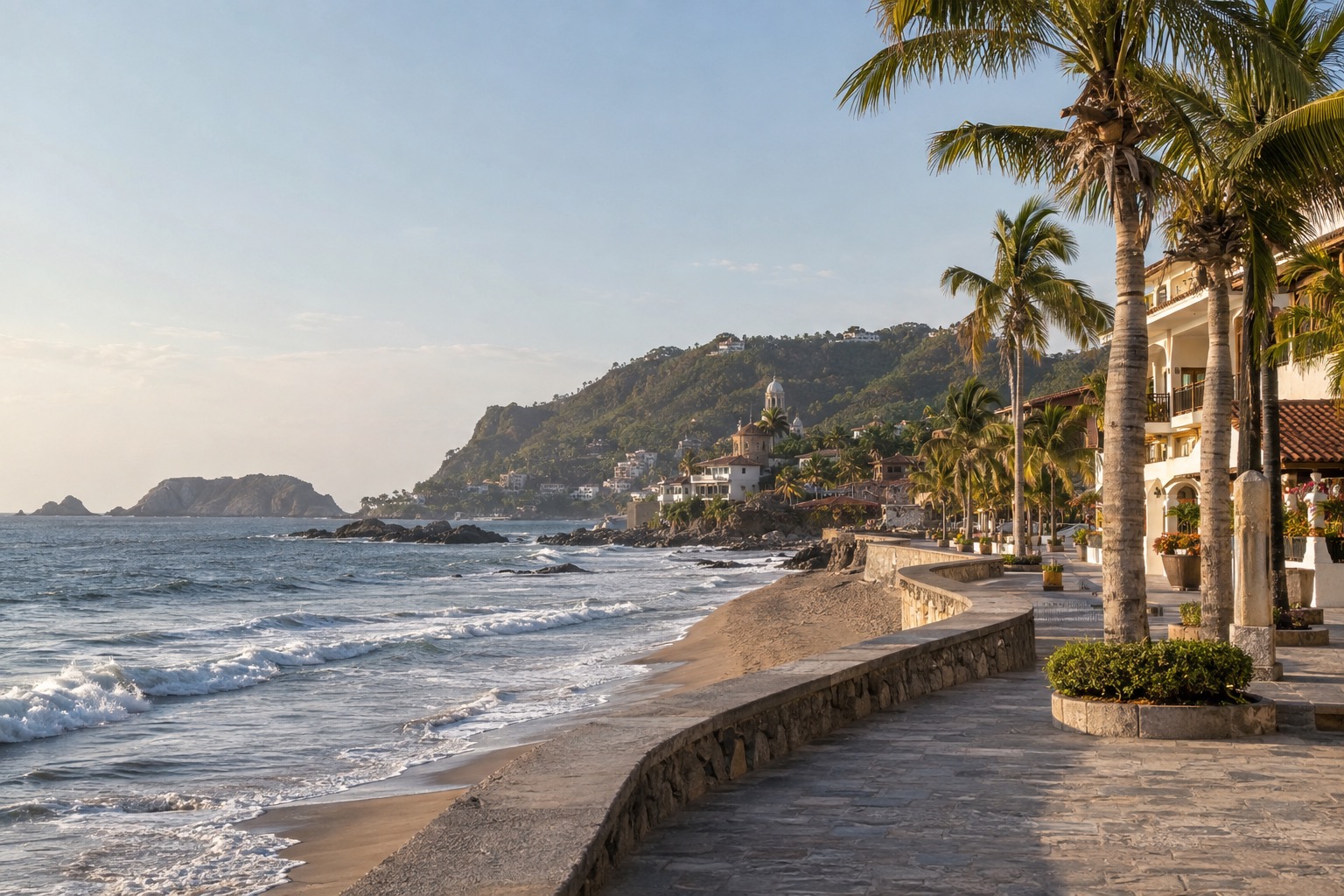 A seaside promenade lined with palm trees facing the Pacific in Mazatlan