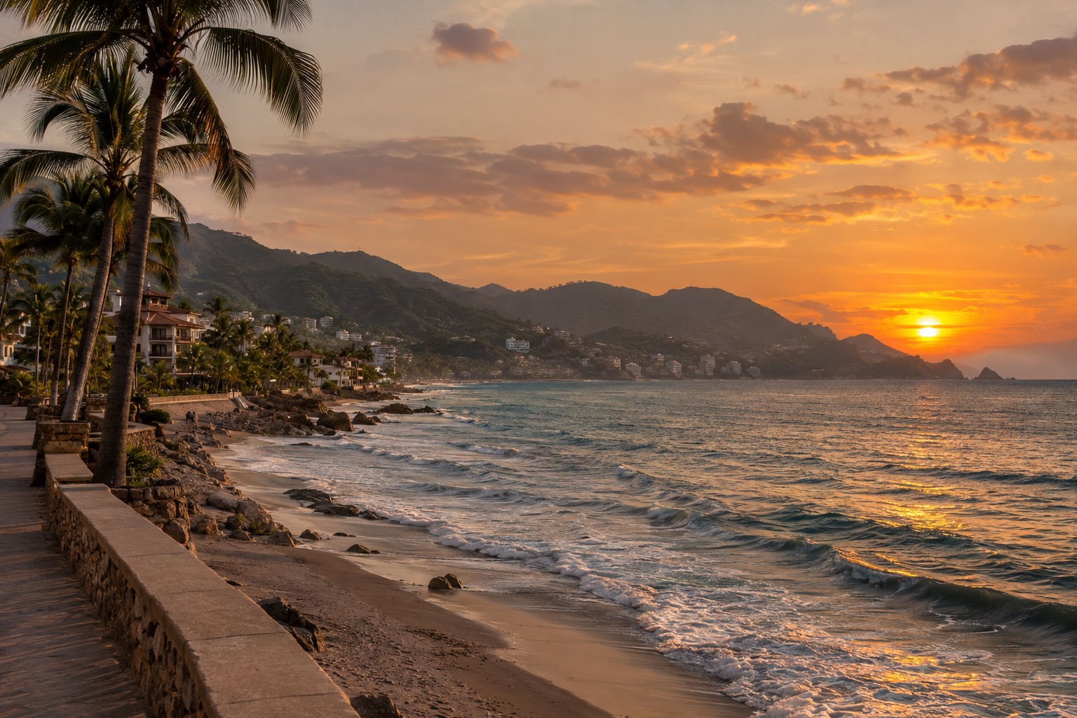 Sunset over the Pacific seen from a seaside promenade lined with palms