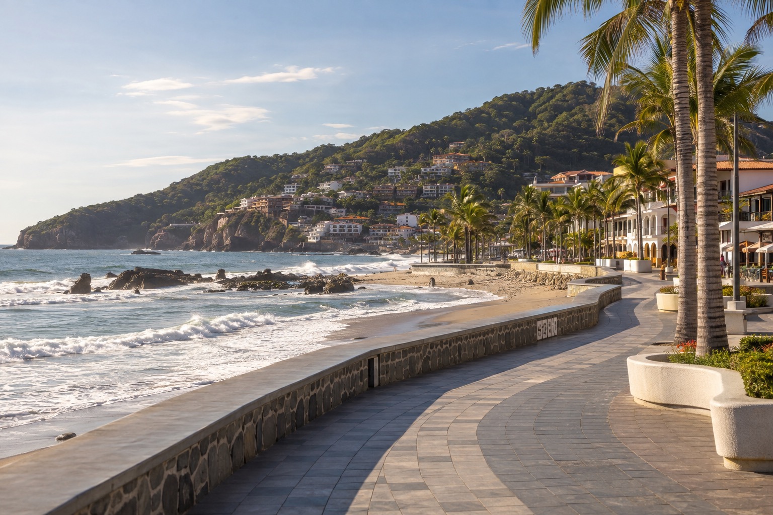 Oceanfront promenade in Mazatlan with palm trees and the Pacific beside it in afternoon light