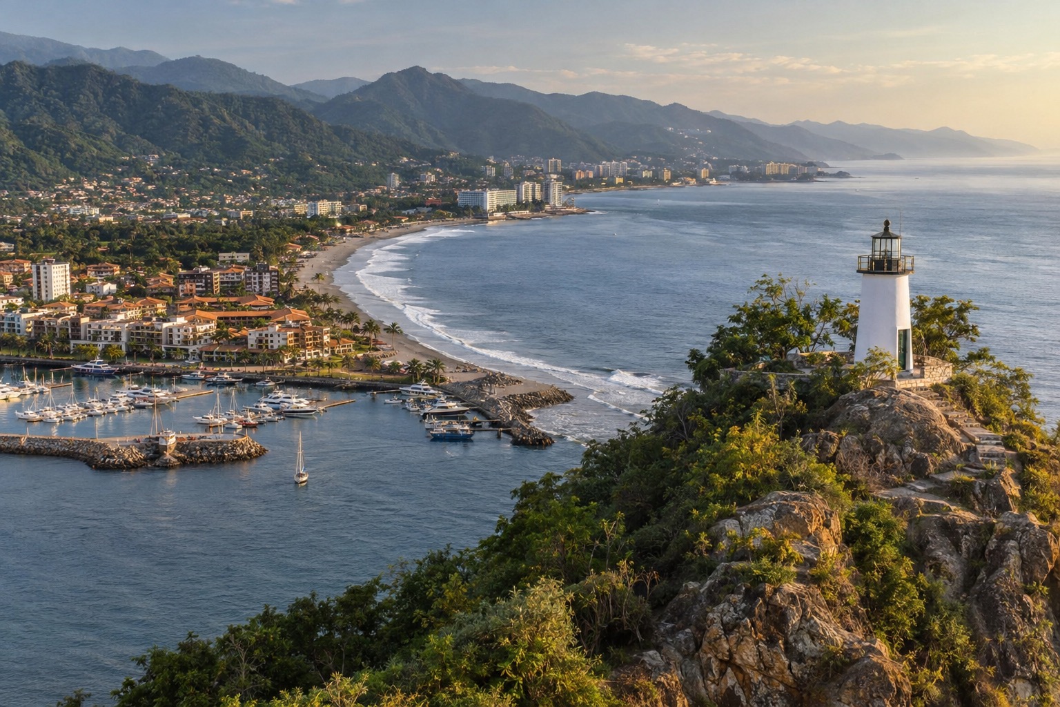 A lighthouse on a rocky hill above a harbor and a coastal city on the Pacific