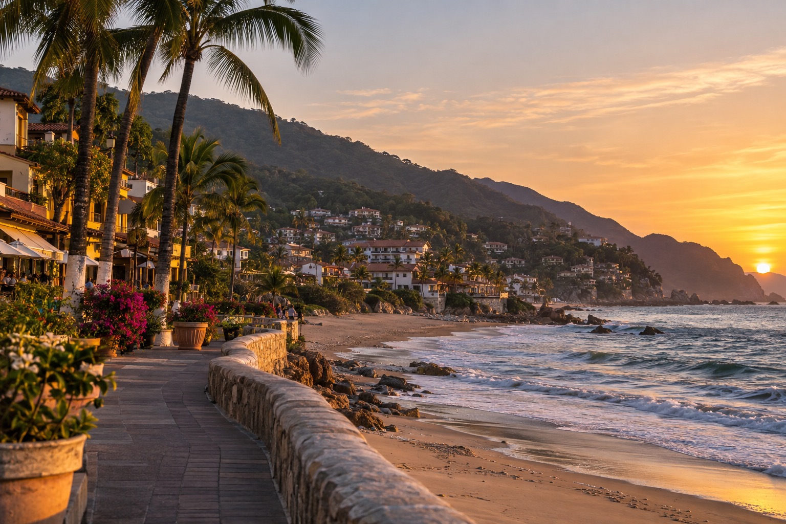 Oceanfront promenade with palm trees curving along a warm sea at dusk