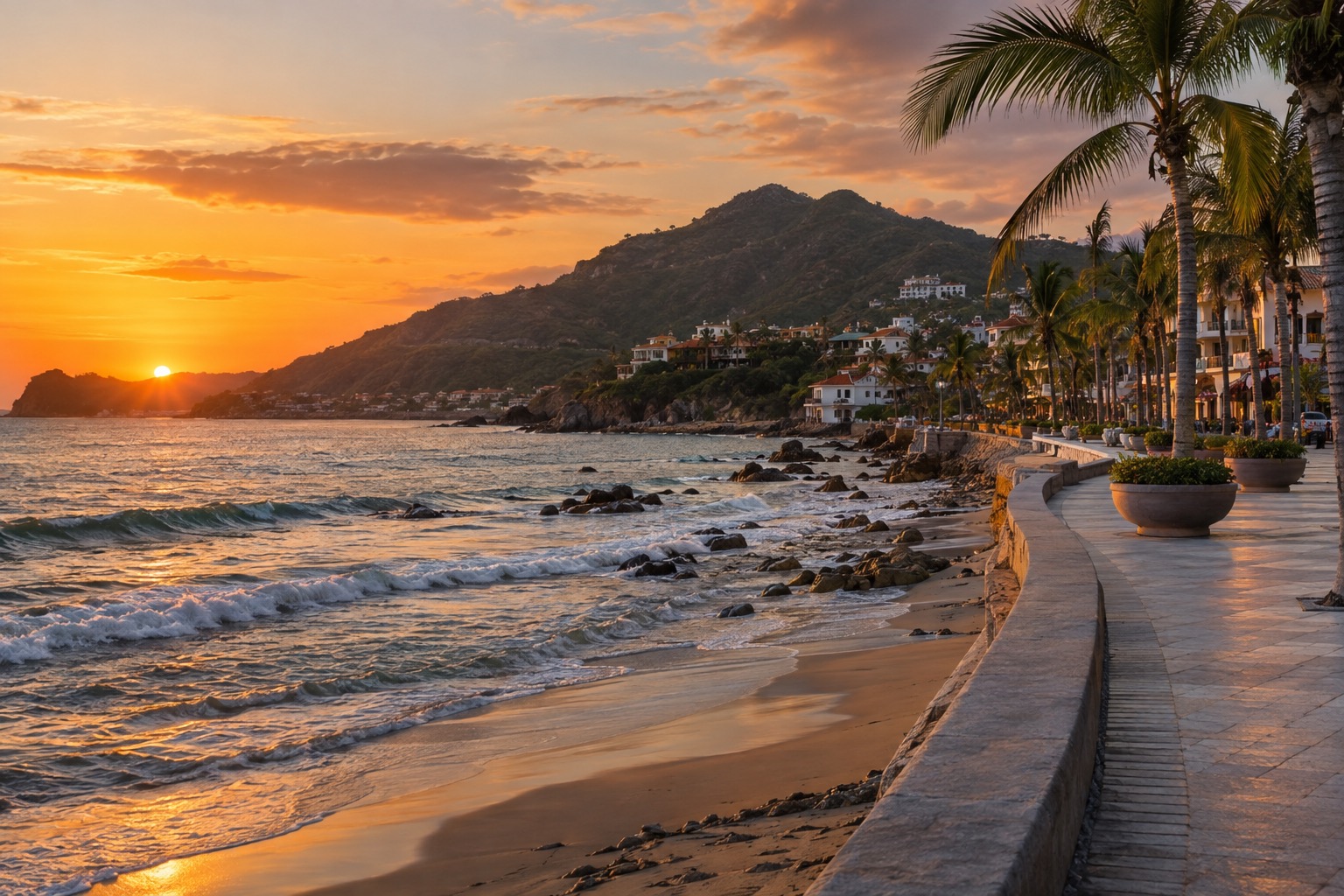 A wide oceanfront promenade lined with palms beside the Pacific at sunset in Mazatlan