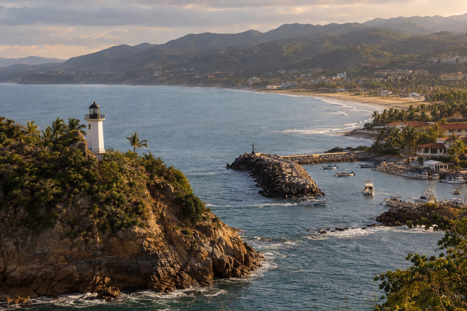 A lighthouse on a rocky hill above a harbor entrance with small boats near a pier