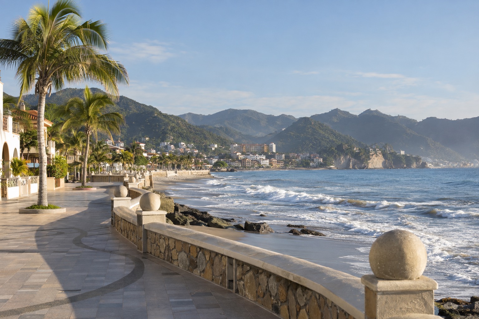 Seafront promenade running along the Pacific in Mazatlan in morning light