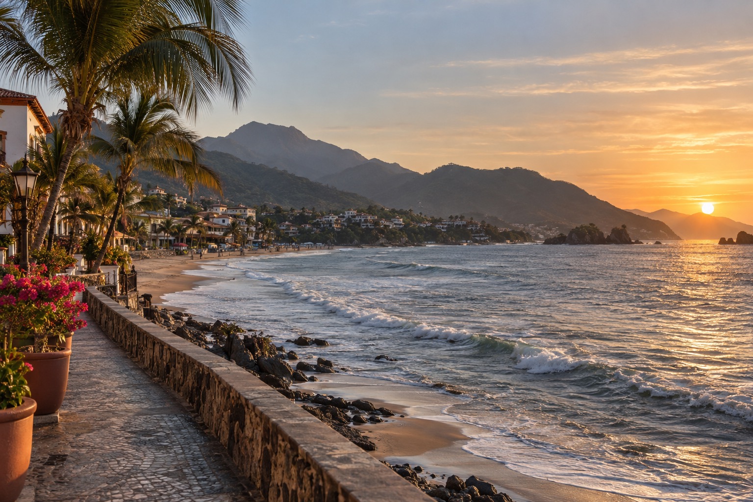 Oceanfront promenade with the Pacific and a low sun over Mazatlan