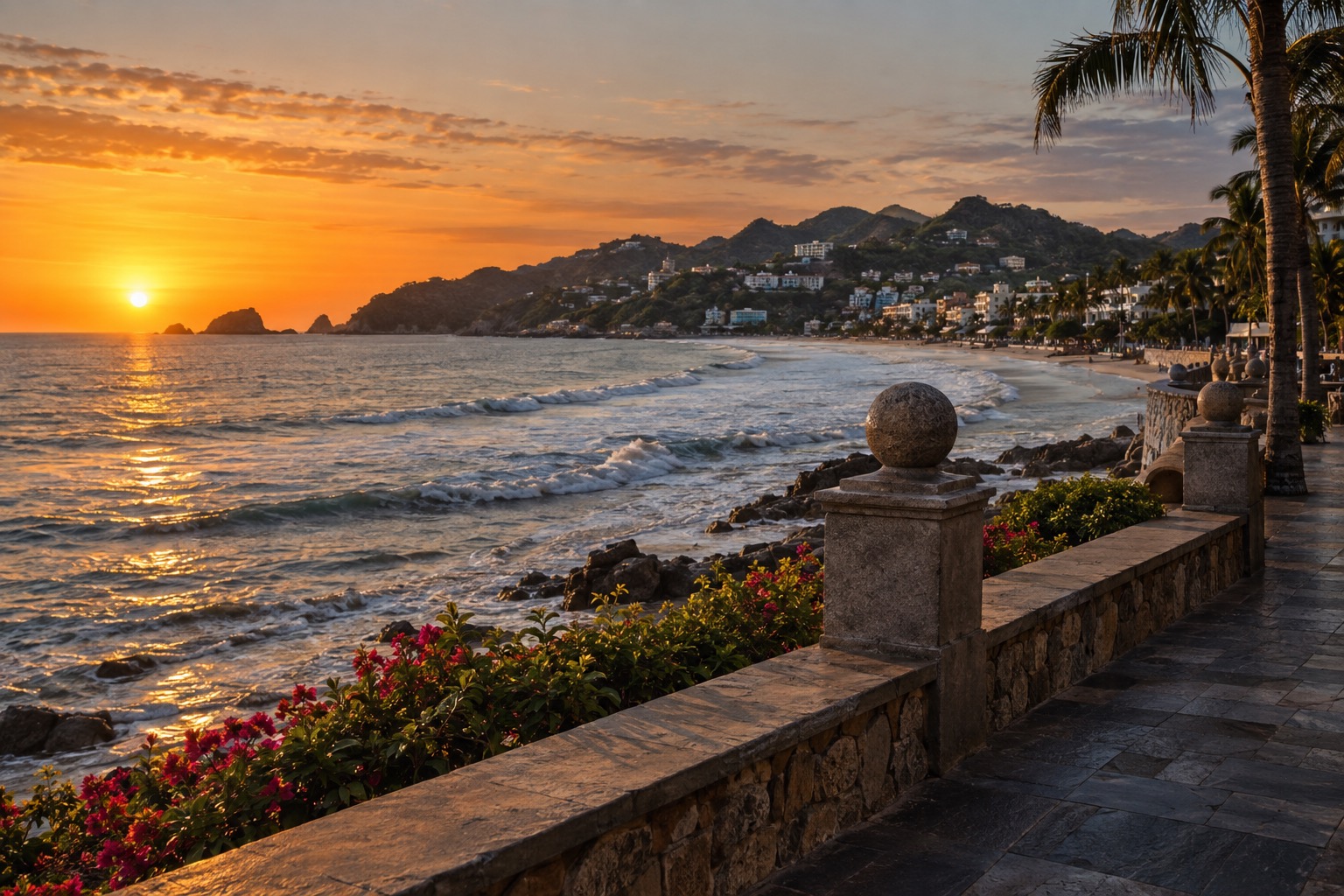 Sun setting over the Pacific from an oceanfront promenade in Mazatlan