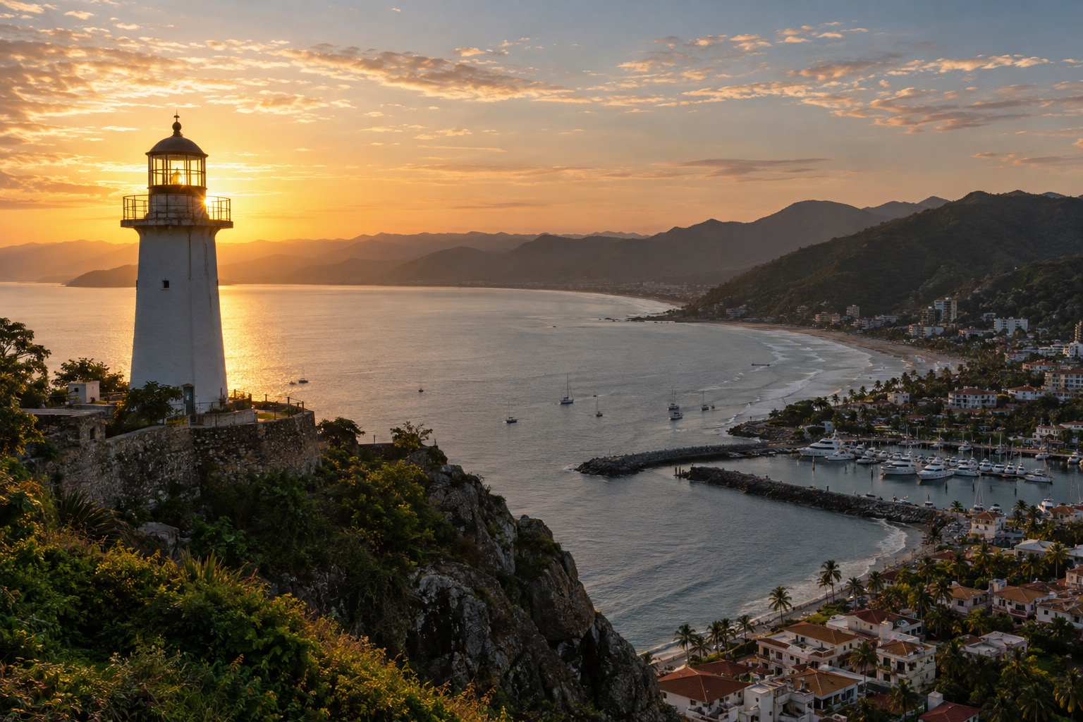A lighthouse on a high rocky hill above a harbor and a wide bay at sunrise