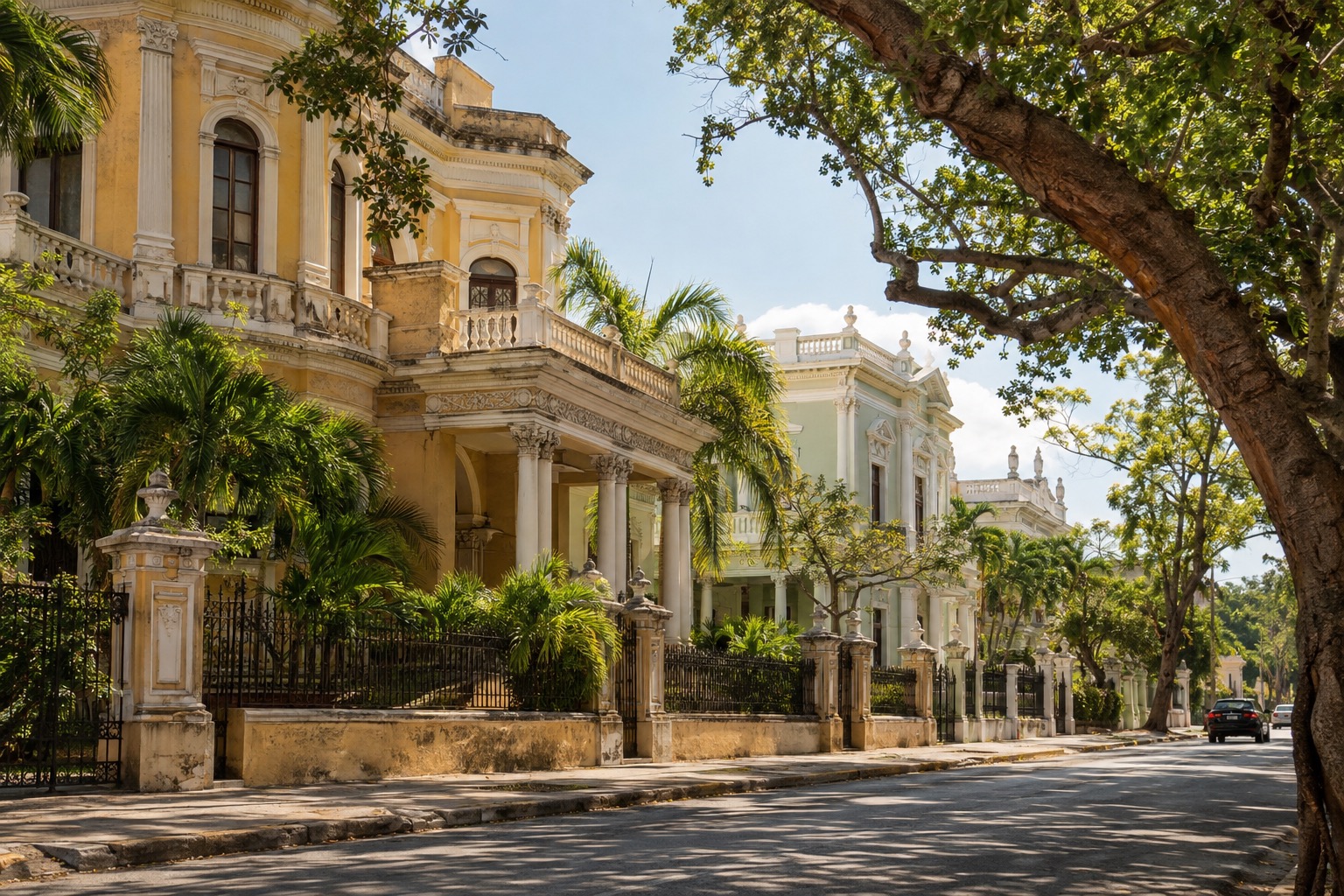 Early-20th-century mansions along a tree-lined avenue in Merida